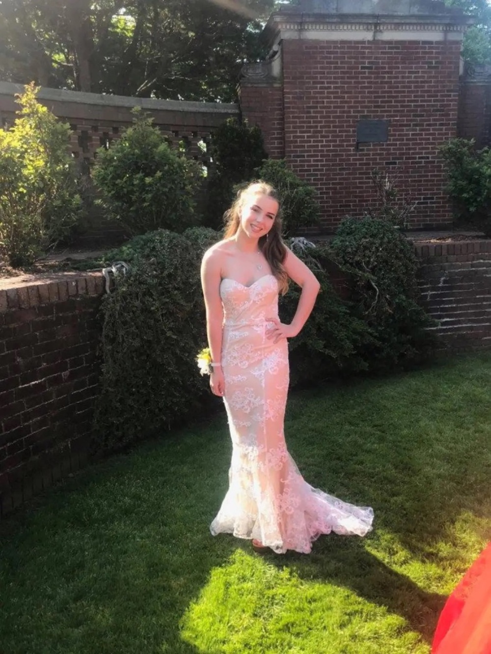 Nude mermaid style prom/bridal dress with white lace overlay